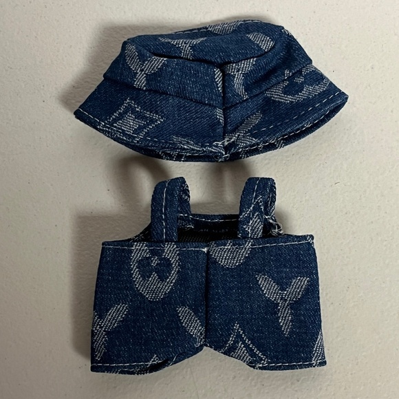 Designer Overalls Bucket Hat 2 Piece Outfit For Labubu Denim Blue - Picture 2 of 5